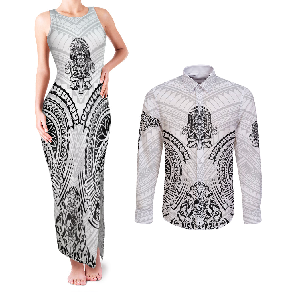 Hawaii Polynesian Couples Matching Tank Maxi Dress and Long Sleeve Button Shirts Warrior symbol TS04 White - Polynesian Pride