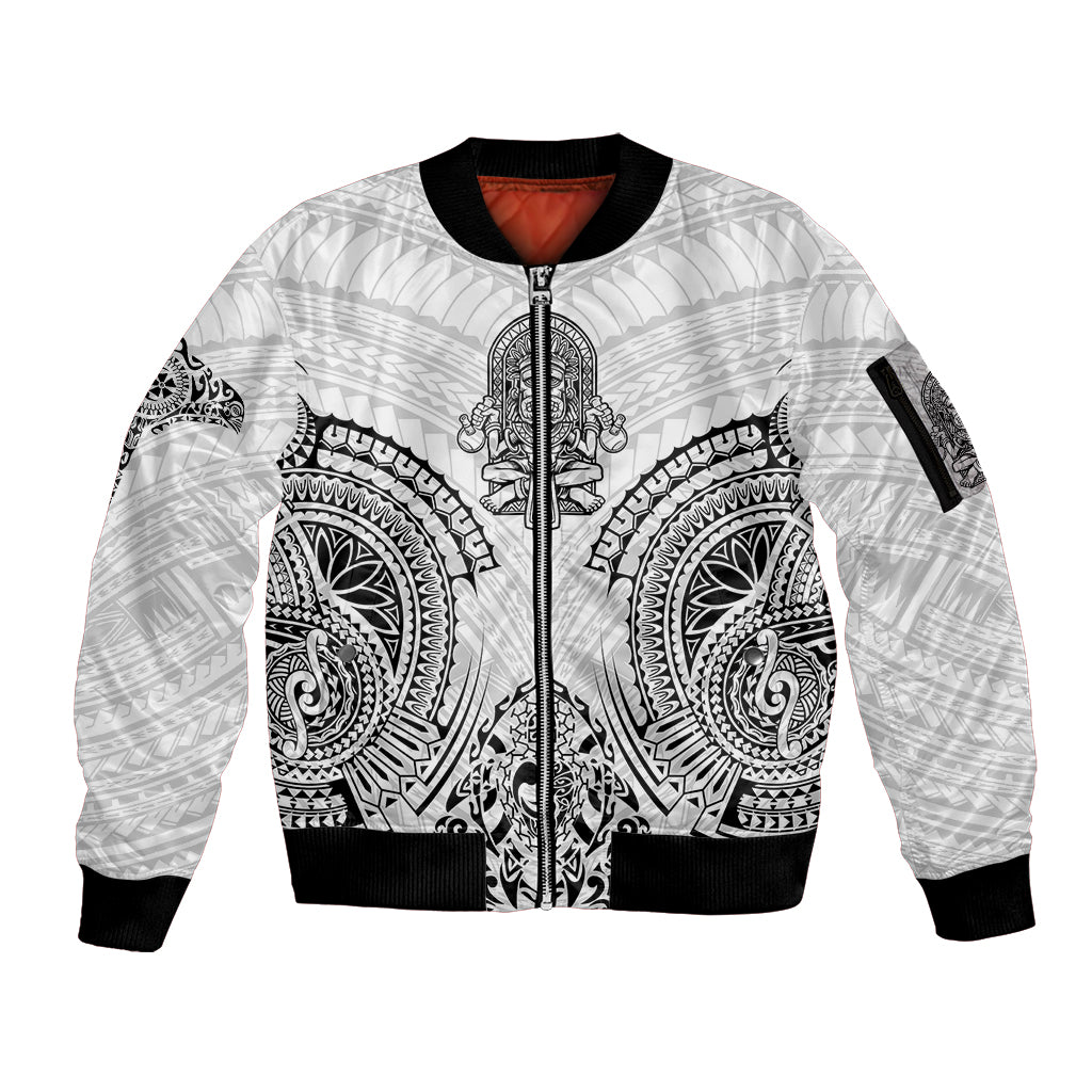 Hawaii Polynesian Sleeve Zip Bomber Jacket Warrior symbol TS04 Unisex White - Polynesian Pride