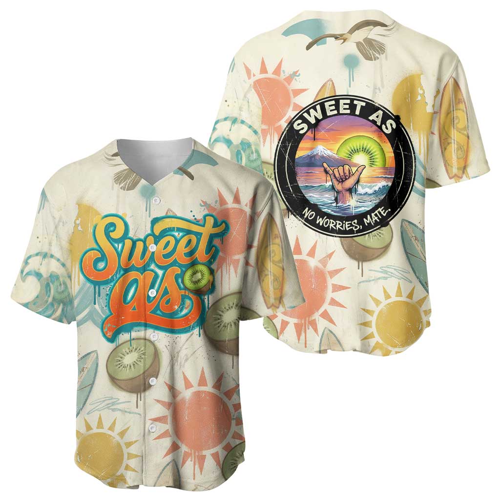 NZ Slang Sweet As Kiwi Shaka Sign Baseball Jersey New Zealand Surfboards Sun and Tropical Beach Retro