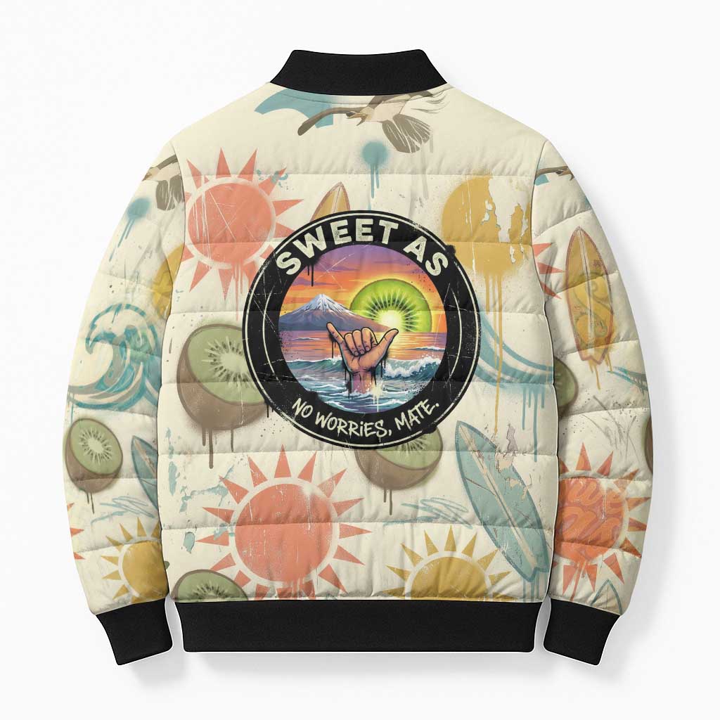 NZ Slang Sweet As Kiwi Shaka Sign Bomber Puffer Jacket New Zealand Surfboards Sun and Tropical Beach Retro TS04 - Polynesian Pride