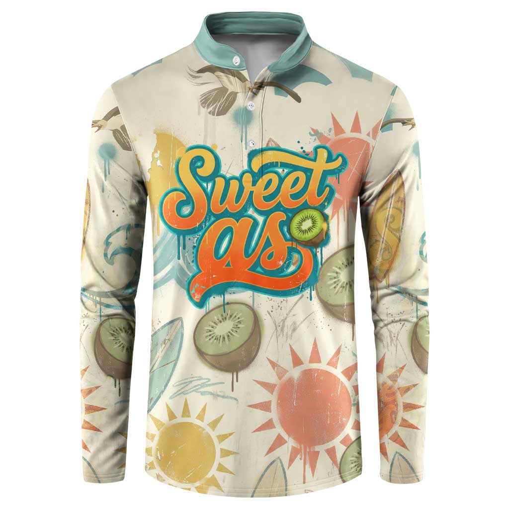 NZ Slang Sweet As Kiwi Shaka Sign Button Sweatshirt New Zealand Surfboards Sun and Tropical Beach Retro TS04 Beige - Polynesian Pride
