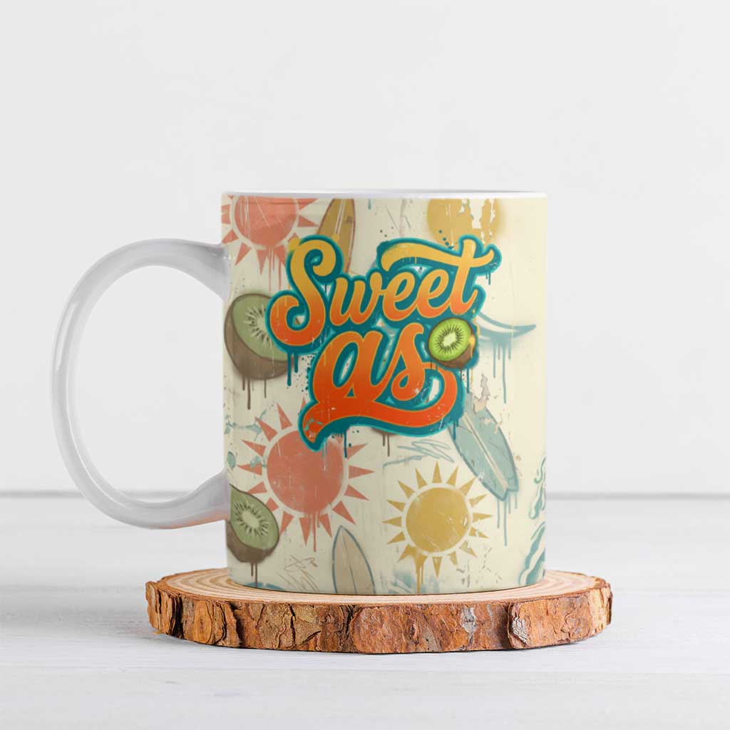 NZ Slang Sweet As Kiwi Shaka Sign Ceramic Mug New Zealand Surfboards Sun and Tropical Beach Retro TS04 Beige - Polynesian Pride