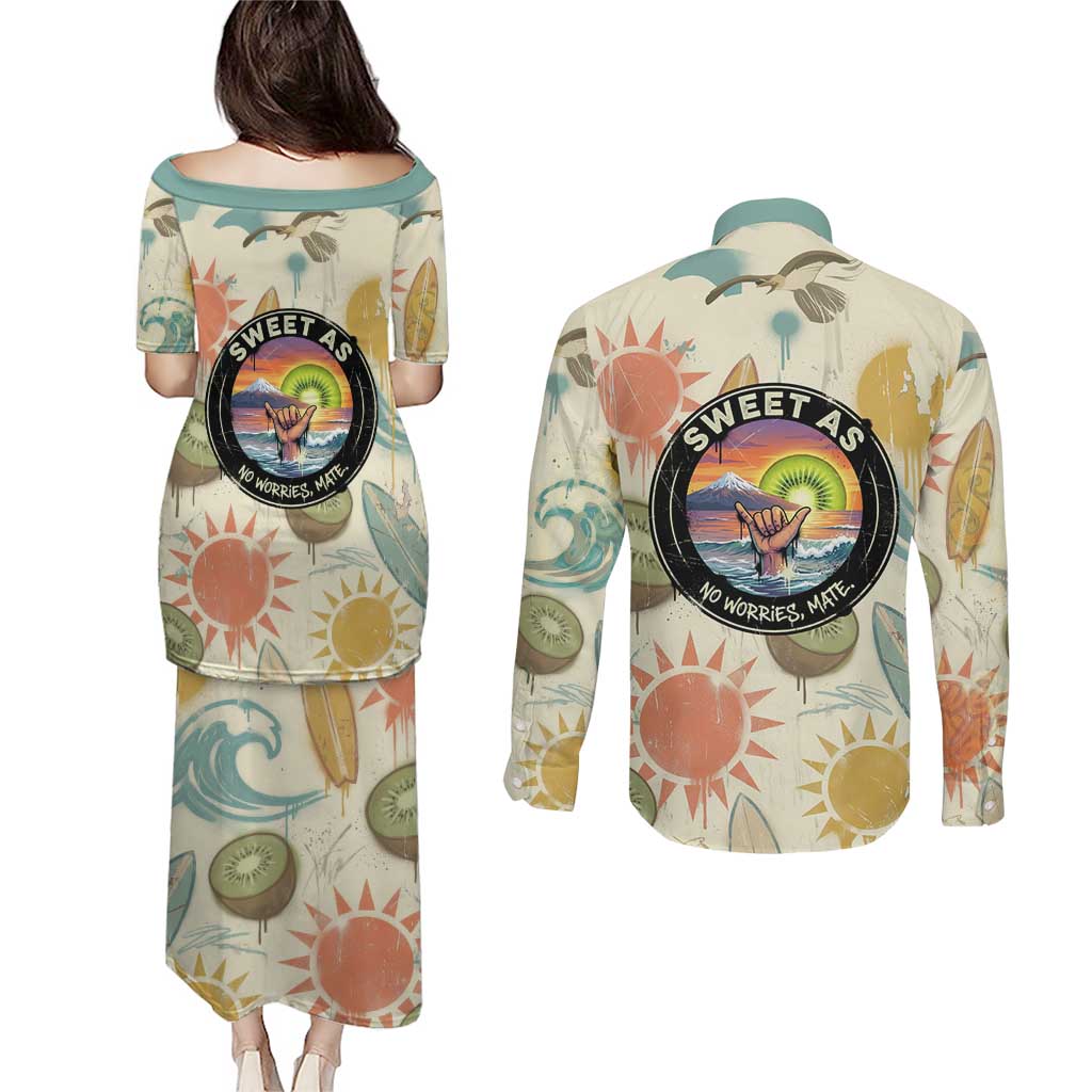 NZ Slang Sweet As Kiwi Shaka Sign Couples Matching Puletasi and Long Sleeve Button Shirt New Zealand Surfboards Sun and Tropical Beach Retro TS04 - Polynesian Pride