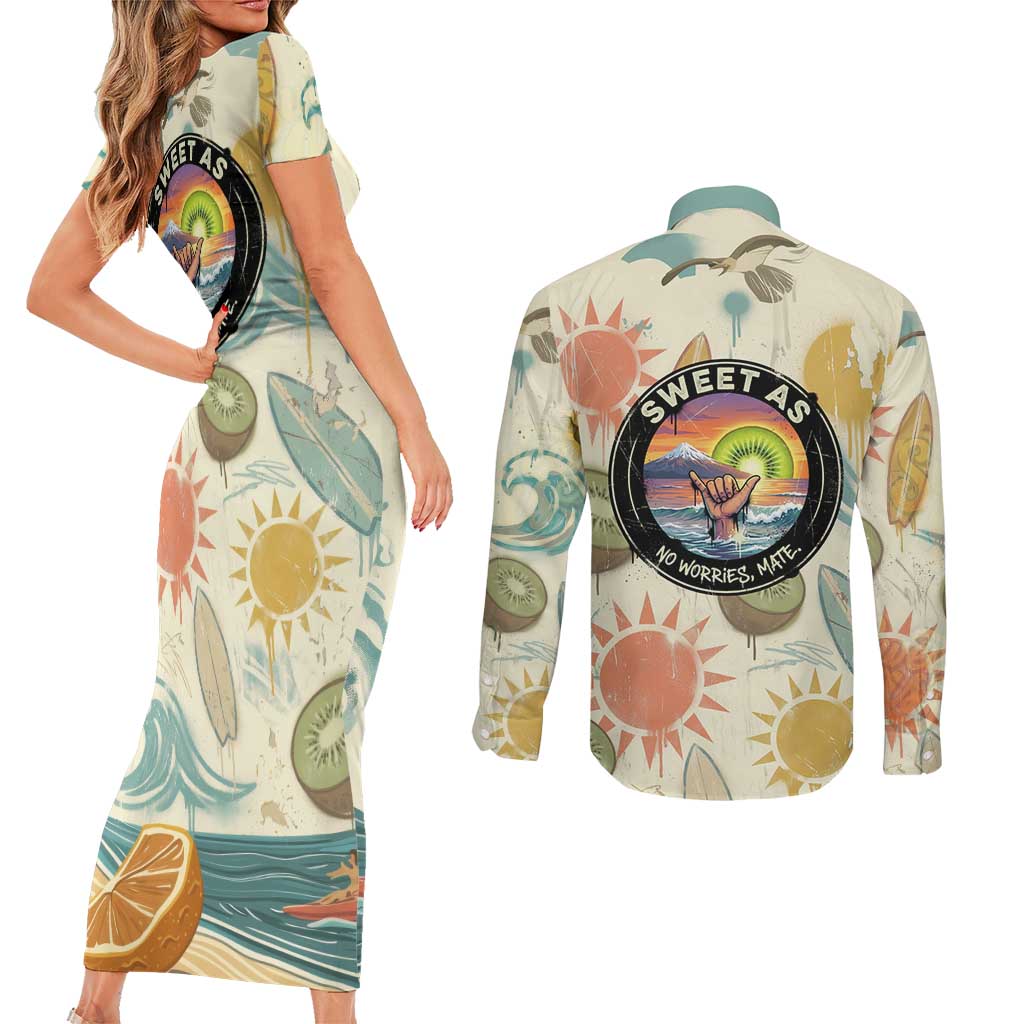 NZ Slang Sweet As Kiwi Shaka Sign Couples Matching Short Sleeve Bodycon Dress and Long Sleeve Button Shirt New Zealand Surfboards Sun and Tropical Beach Retro TS04 - Polynesian Pride