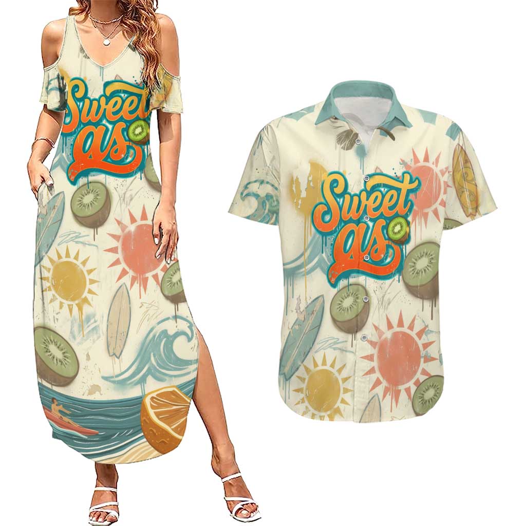 NZ Slang Sweet As Kiwi Shaka Sign Couples Matching Summer Maxi Dress and Hawaiian Shirt New Zealand Surfboards Sun and Tropical Beach Retro TS04 Beige - Polynesian Pride