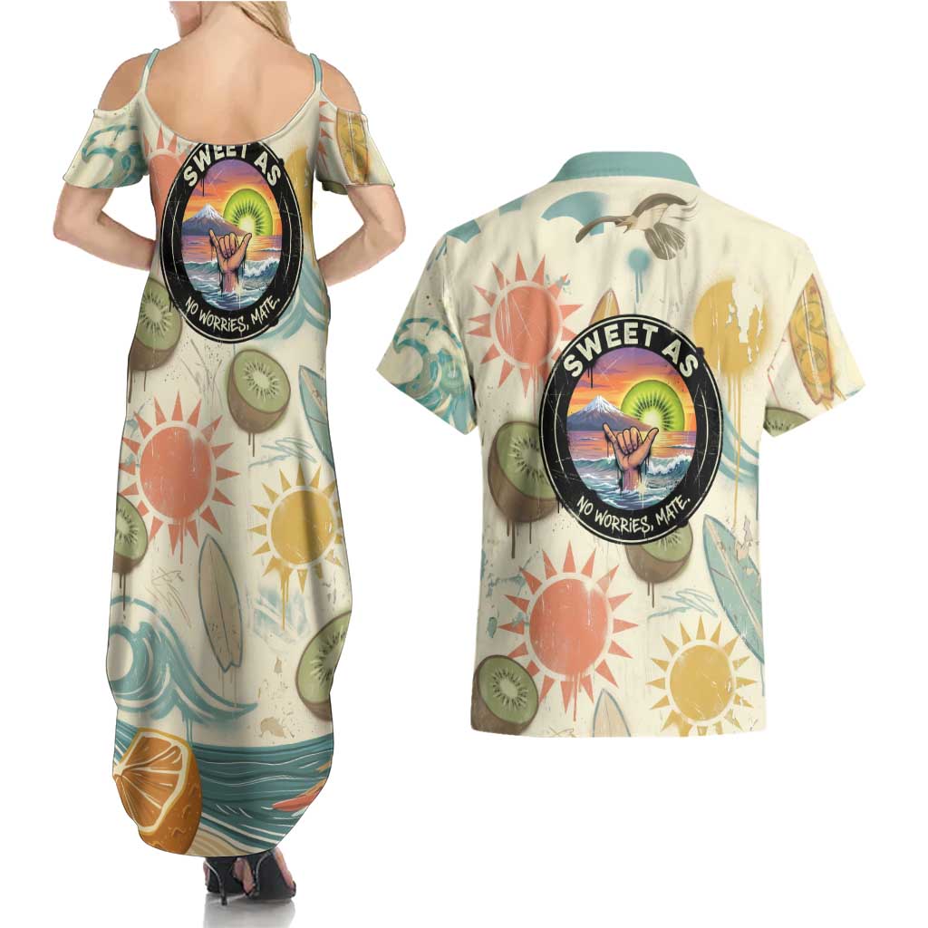 NZ Slang Sweet As Kiwi Shaka Sign Couples Matching Summer Maxi Dress and Hawaiian Shirt New Zealand Surfboards Sun and Tropical Beach Retro TS04 - Polynesian Pride
