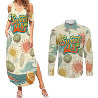 NZ Slang Sweet As Kiwi Shaka Sign Couples Matching Summer Maxi Dress and Long Sleeve Button Shirt New Zealand Surfboards Sun and Tropical Beach Retro TS04 Beige - Polynesian Pride