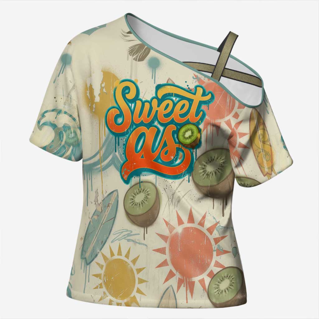 NZ Slang Sweet As Kiwi Shaka Sign Cross Shoulder Shirt New Zealand Surfboards Sun and Tropical Beach Retro TS04 Female Beige - Polynesian Pride
