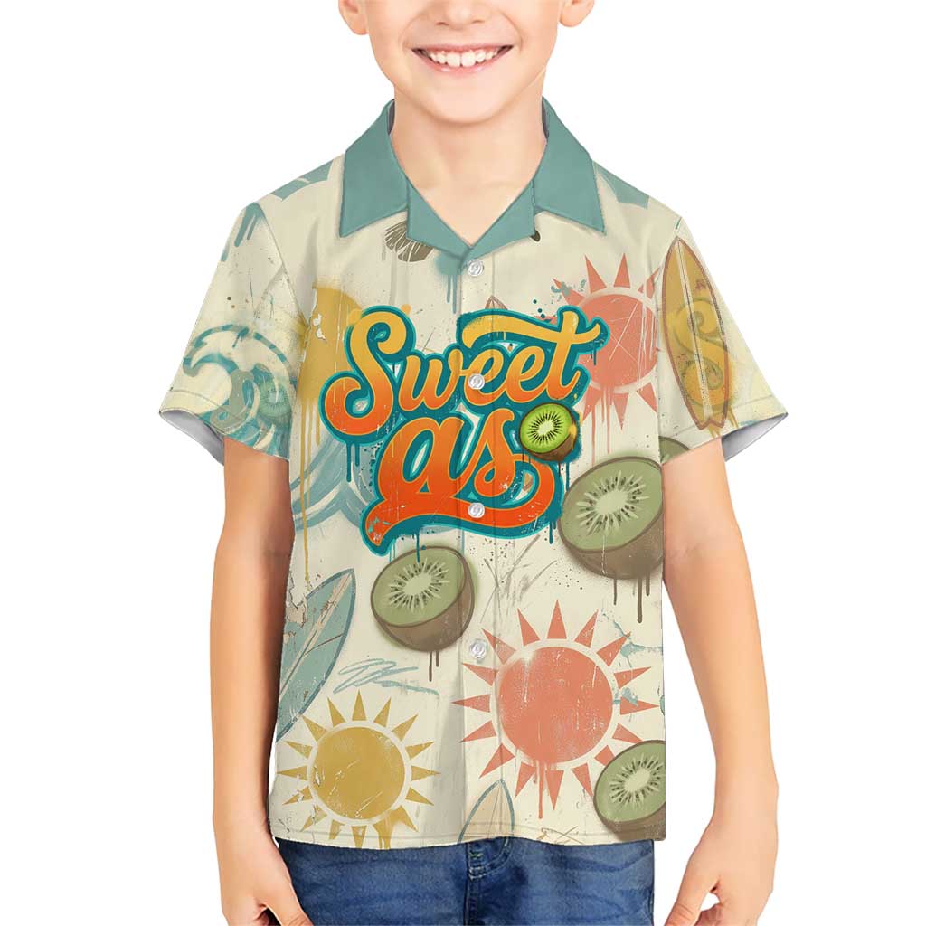 NZ Slang Sweet As Kiwi Shaka Sign Kid Hawaiian Shirt New Zealand Surfboards Sun and Tropical Beach Retro TS04 Kid Beige - Polynesian Pride