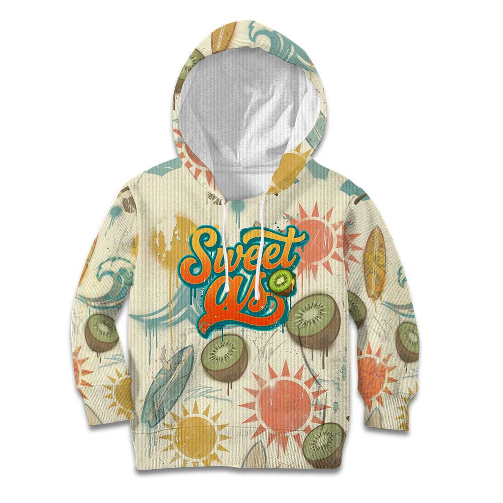 NZ Slang Sweet As Kiwi Shaka Sign Kid Hoodie New Zealand Surfboards Sun and Tropical Beach Retro TS04 Hoodie Beige - Polynesian Pride