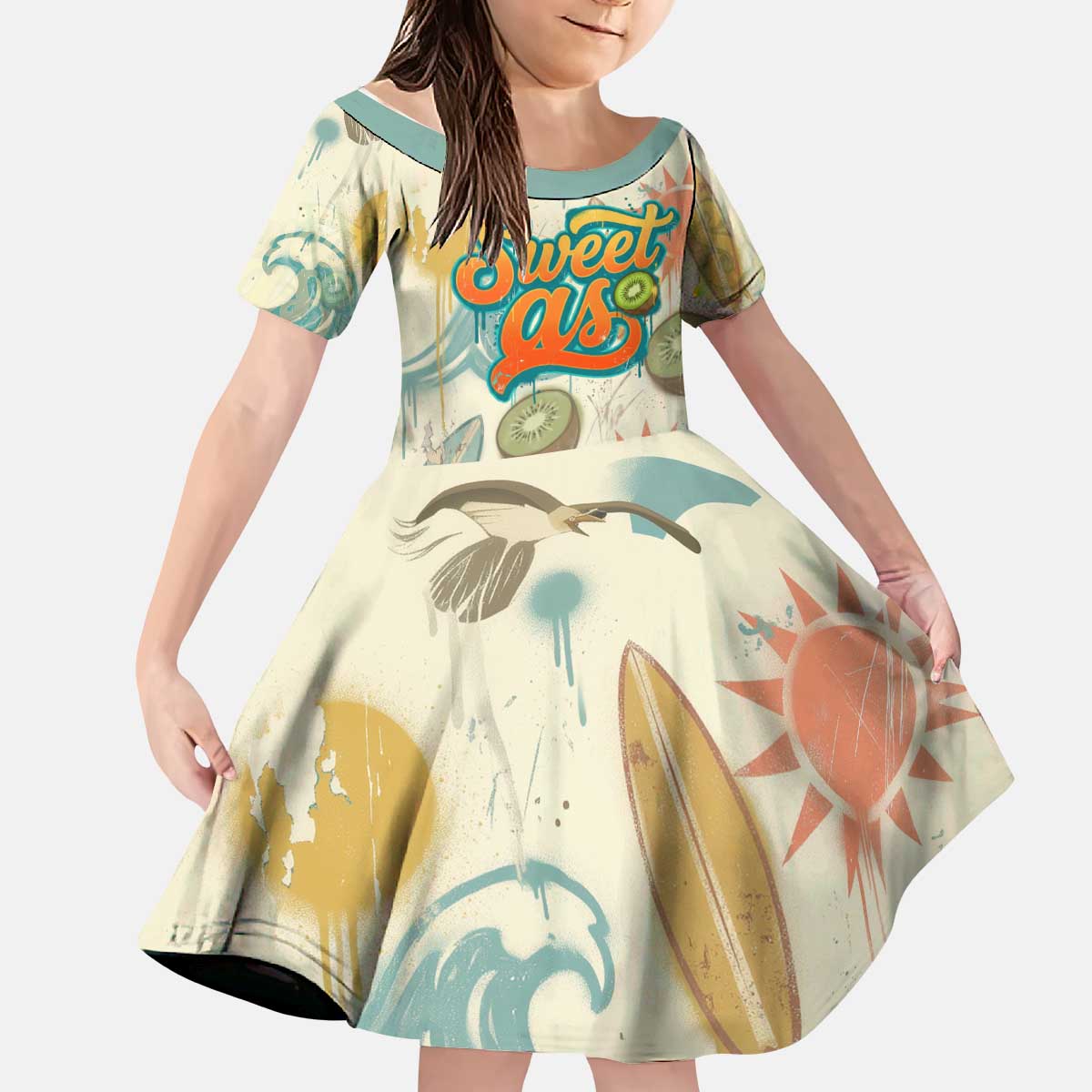 NZ Slang Sweet As Kiwi Shaka Sign Kid Short Sleeve Dress New Zealand Surfboards Sun and Tropical Beach Retro