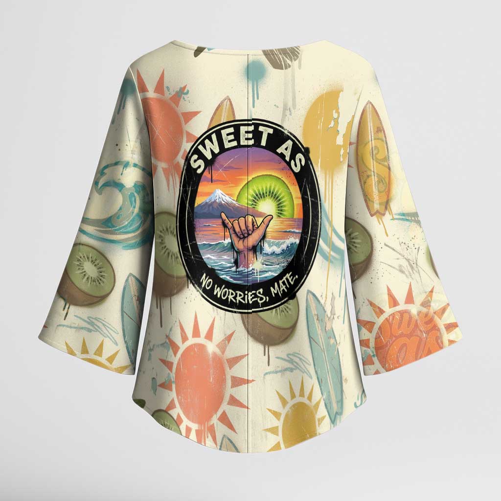 NZ Slang Sweet As Kiwi Shaka Sign Kimono Sleeve Blouse New Zealand Surfboards Sun and Tropical Beach Retro