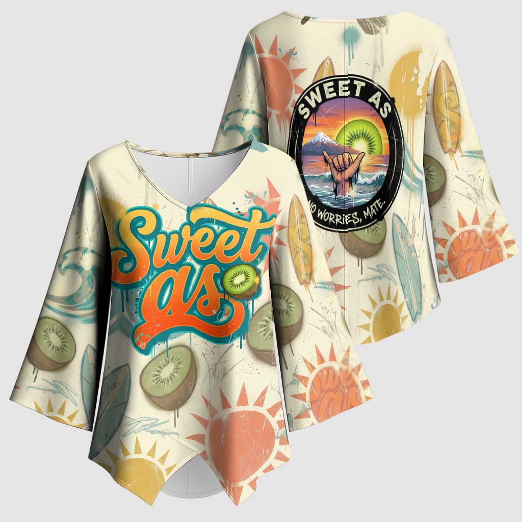 NZ Slang Sweet As Kiwi Shaka Sign Kimono Sleeve Blouse New Zealand Surfboards Sun and Tropical Beach Retro