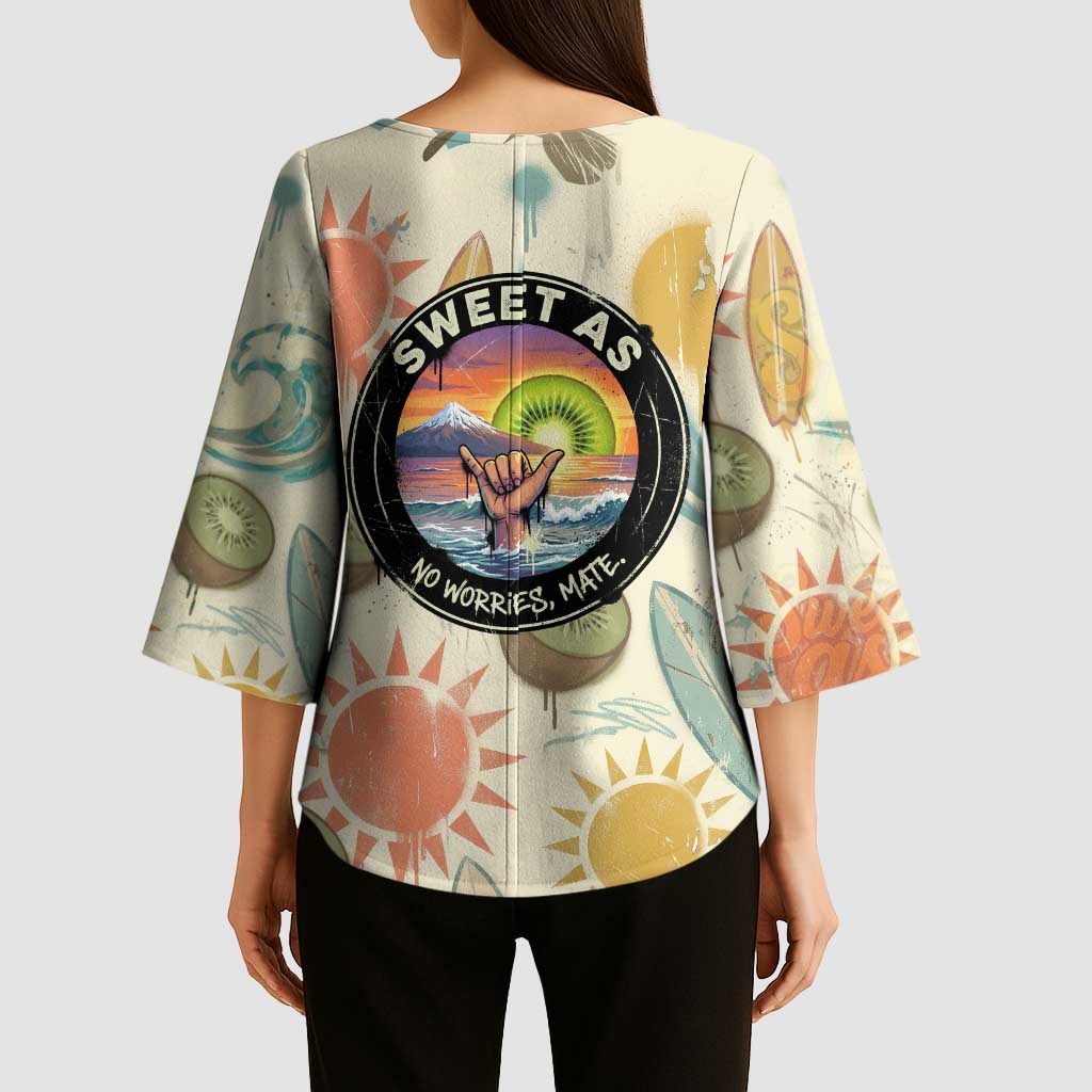 NZ Slang Sweet As Kiwi Shaka Sign Kimono Sleeve Blouse New Zealand Surfboards Sun and Tropical Beach Retro