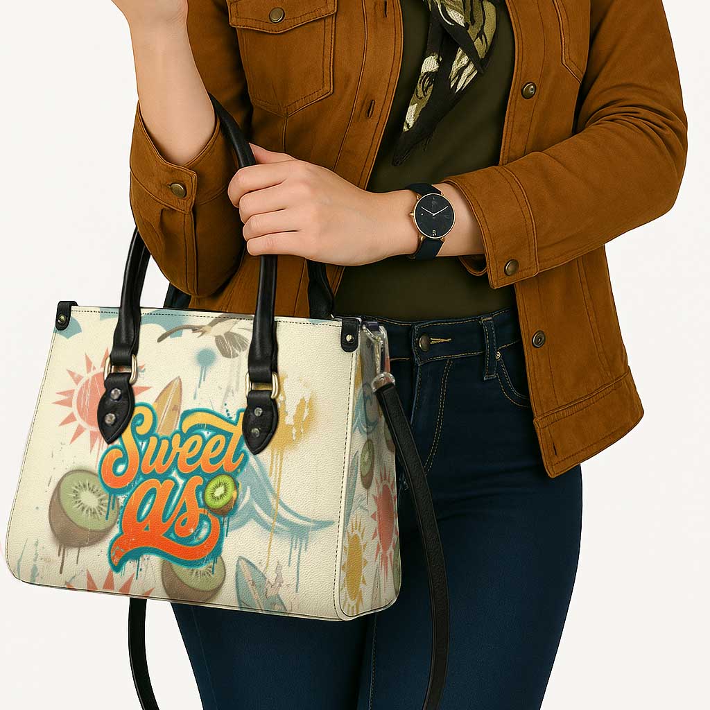 NZ Slang Sweet As Kiwi Shaka Sign Leather Bag New Zealand Surfboards Sun and Tropical Beach Retro