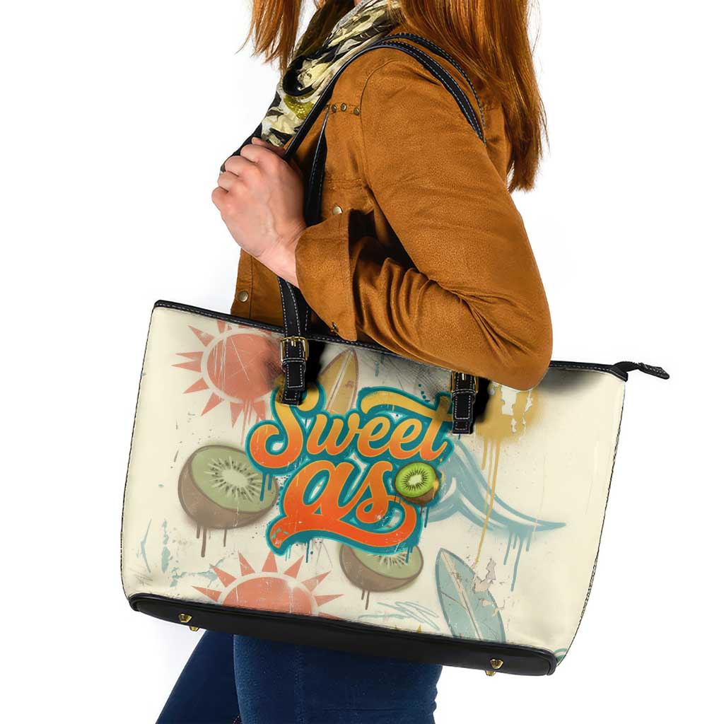 NZ Slang Sweet As Kiwi Shaka Sign Leather Tote Bag New Zealand Surfboards Sun and Tropical Beach Retro