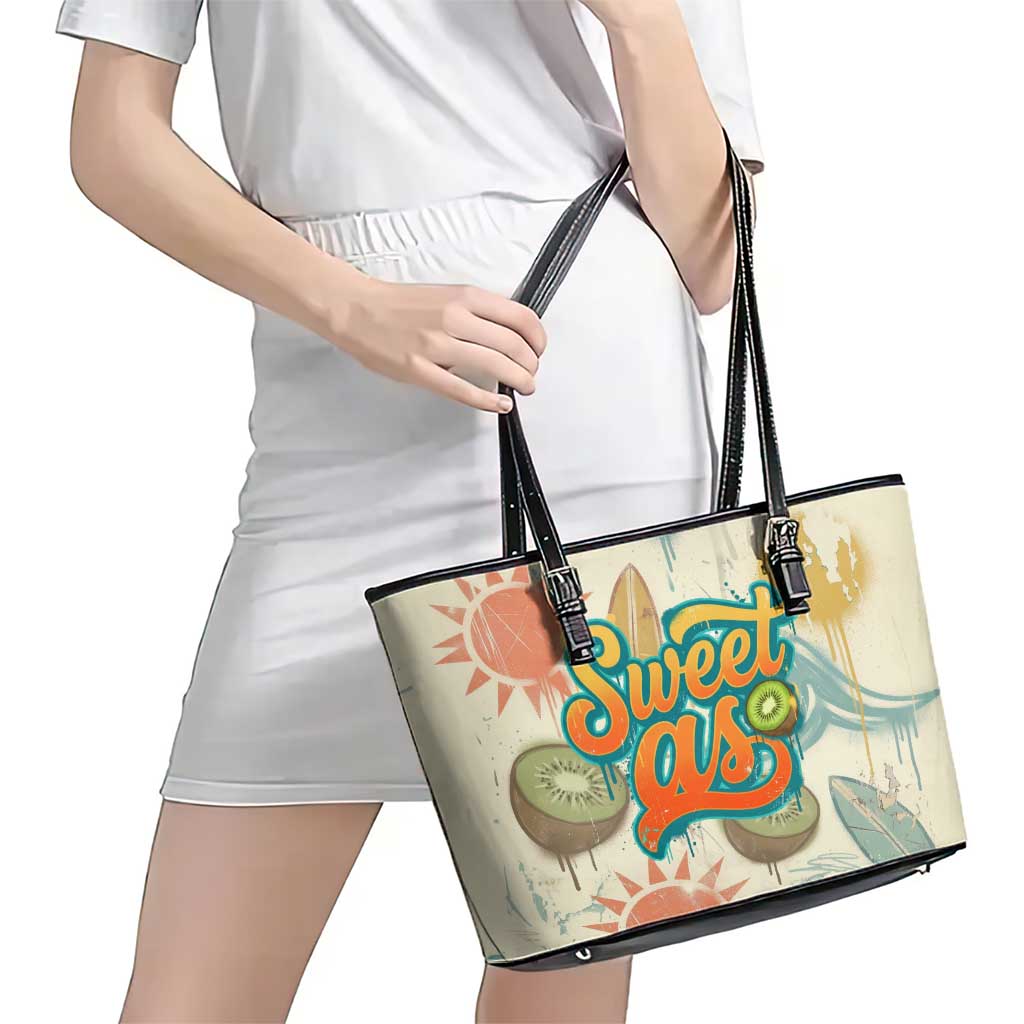 NZ Slang Sweet As Kiwi Shaka Sign Leather Tote Bag New Zealand Surfboards Sun and Tropical Beach Retro