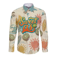 NZ Slang Sweet As Kiwi Shaka Sign Long Sleeve Button Shirt New Zealand Surfboards Sun and Tropical Beach Retro