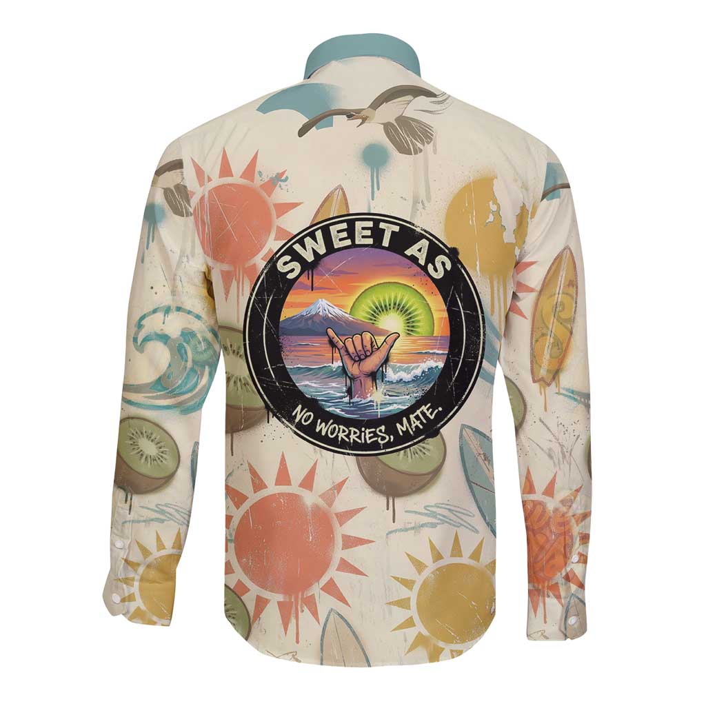 NZ Slang Sweet As Kiwi Shaka Sign Long Sleeve Button Shirt New Zealand Surfboards Sun and Tropical Beach Retro