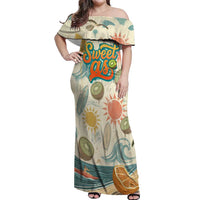 NZ Slang Sweet As Kiwi Shaka Sign Off Shoulder Maxi Dress New Zealand Surfboards Sun and Tropical Beach Retro TS04 Women Beige - Polynesian Pride