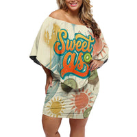 NZ Slang Sweet As Kiwi Shaka Sign Off Shoulder Short Dress New Zealand Surfboards Sun and Tropical Beach Retro TS04 Women Beige - Polynesian Pride