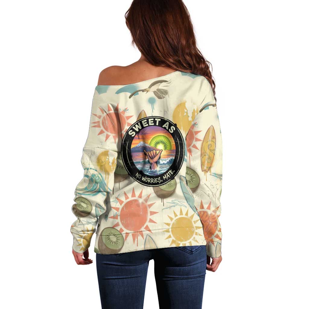 NZ Slang Sweet As Kiwi Shaka Sign Off Shoulder Sweater New Zealand Surfboards Sun and Tropical Beach Retro