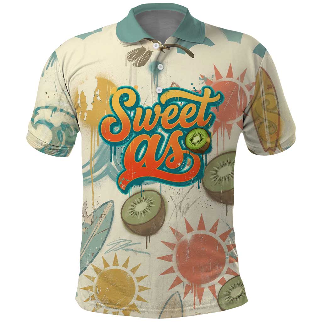 NZ Slang Sweet As Kiwi Shaka Sign Polo Shirt New Zealand Surfboards Sun and Tropical Beach Retro