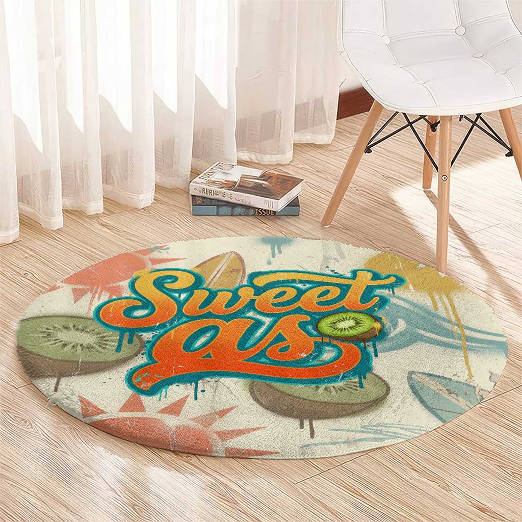 NZ Slang Sweet As Kiwi Shaka Sign Round Carpet New Zealand Surfboards Sun and Tropical Beach Retro