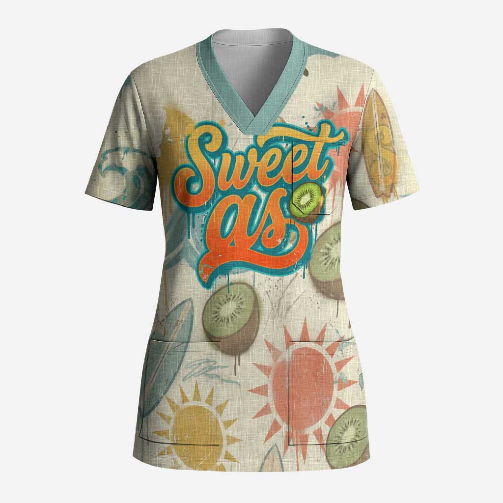 NZ Slang Sweet As Kiwi Shaka Sign Scrub Top New Zealand Surfboards Sun and Tropical Beach Retro TS04 Adult Beige - Polynesian Pride