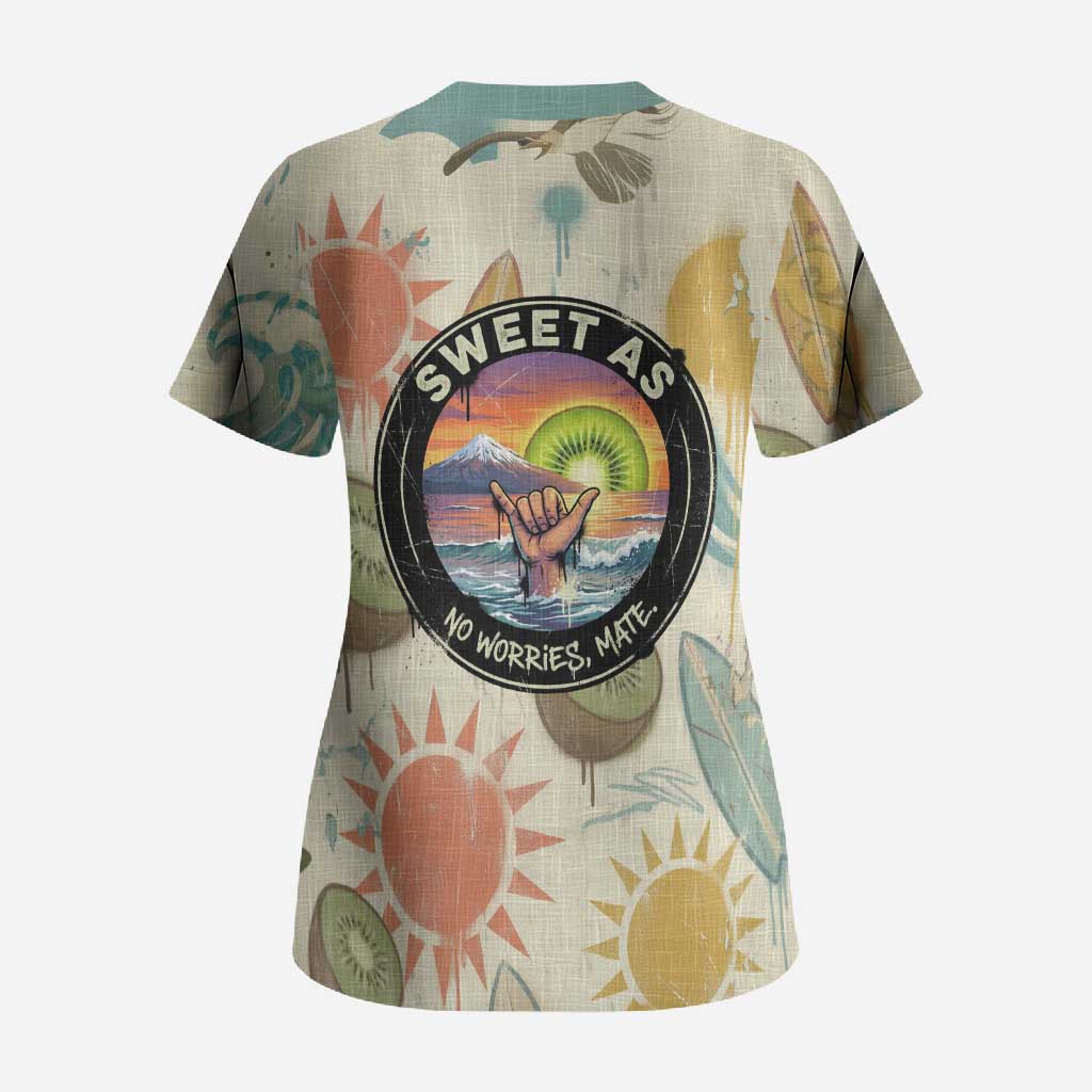 NZ Slang Sweet As Kiwi Shaka Sign Scrub Top New Zealand Surfboards Sun and Tropical Beach Retro