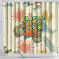NZ Slang Sweet As Kiwi Shaka Sign Shower Curtain New Zealand Surfboards Sun and Tropical Beach Retro