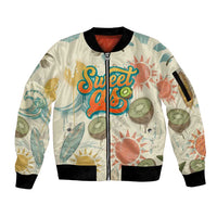 NZ Slang Sweet As Kiwi Shaka Sign Sleeve Zip Bomber Jacket New Zealand Surfboards Sun and Tropical Beach Retro