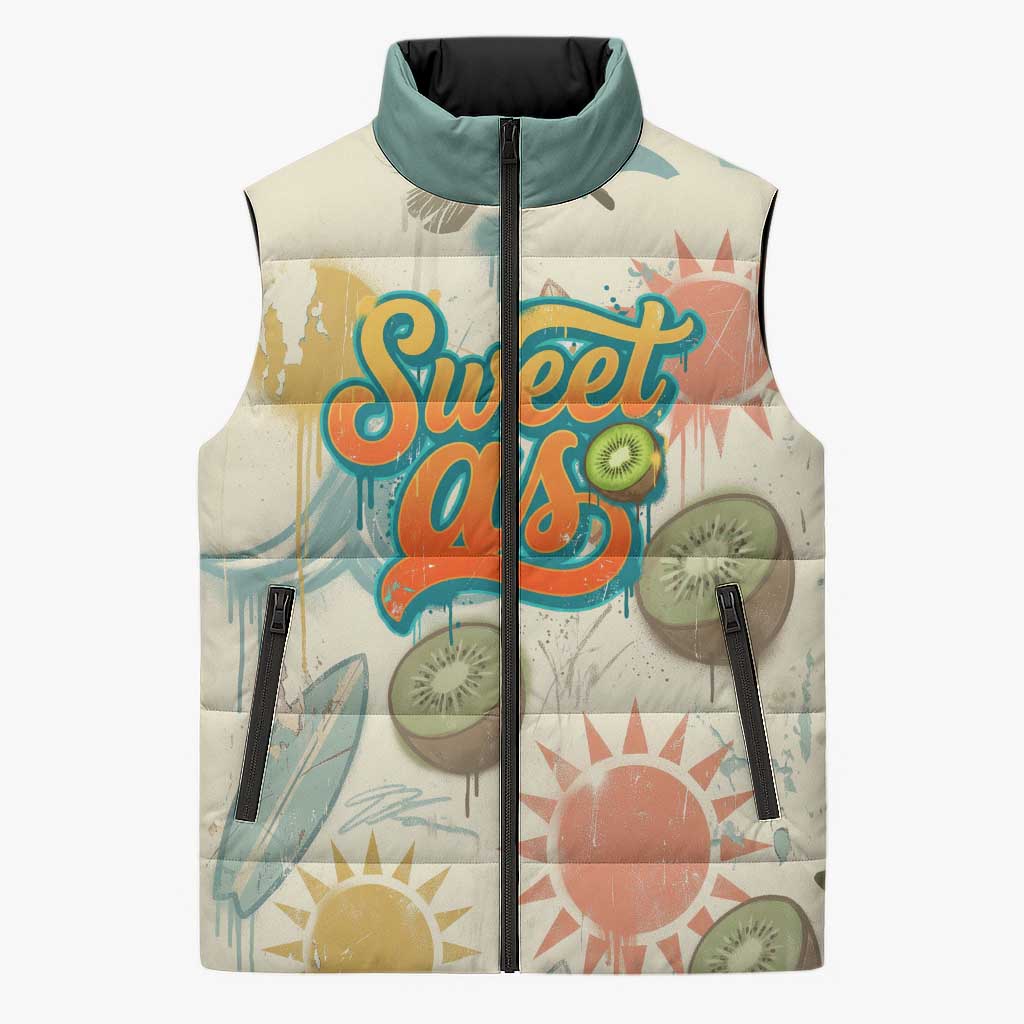 NZ Slang Sweet As Kiwi Shaka Sign Sleeveless Puffer Jacket New Zealand Surfboards Sun and Tropical Beach Retro TS04 Unisex Beige - Polynesian Pride
