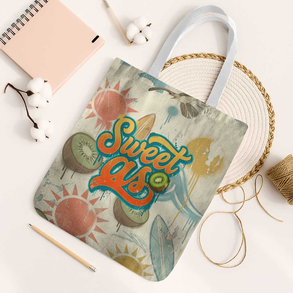 NZ Slang Sweet As Kiwi Shaka Sign Tote Bag New Zealand Surfboards Sun and Tropical Beach Retro