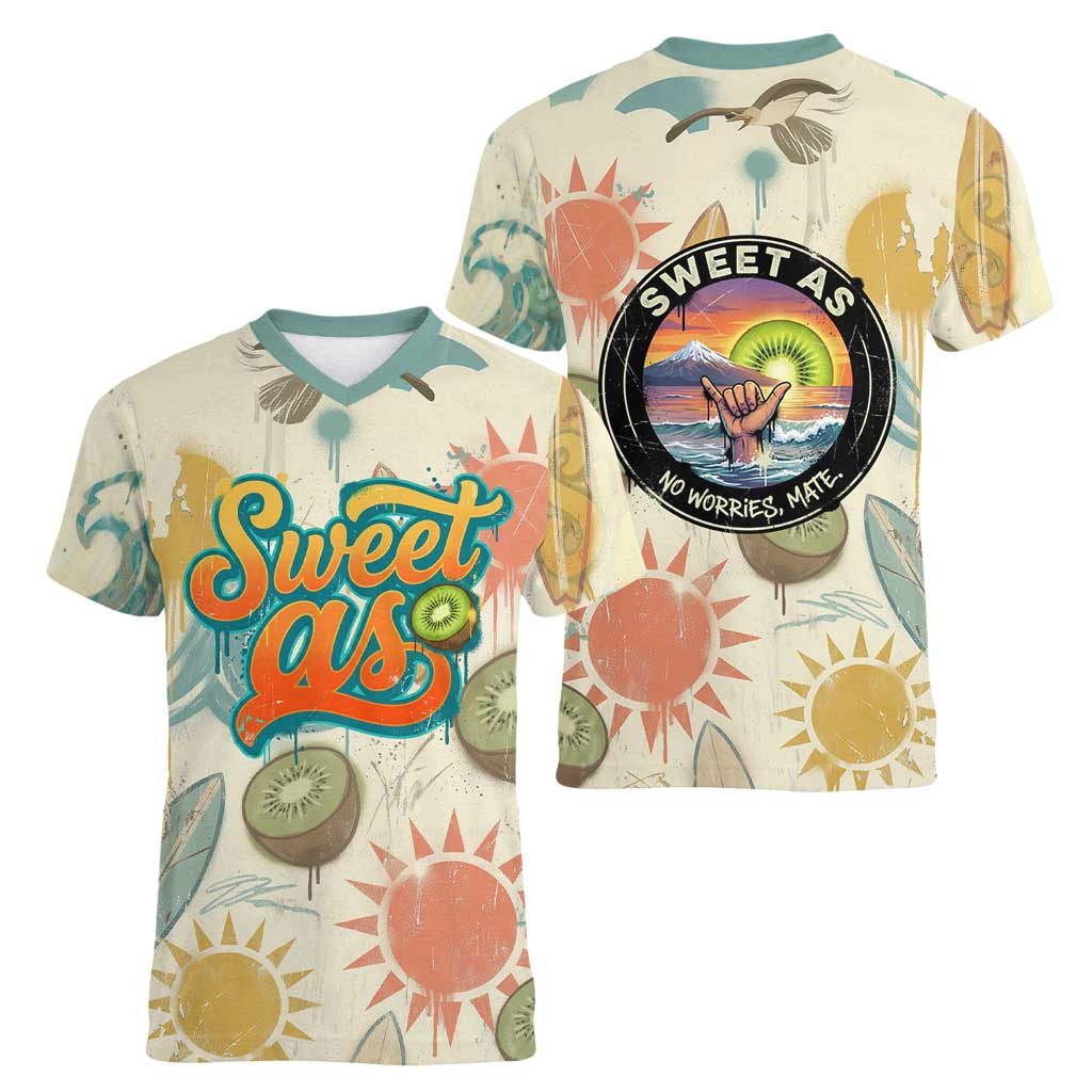 NZ Slang Sweet As Kiwi Shaka Sign Women V-Neck T-Shirt New Zealand Surfboards Sun and Tropical Beach Retro TS04 - Polynesian Pride