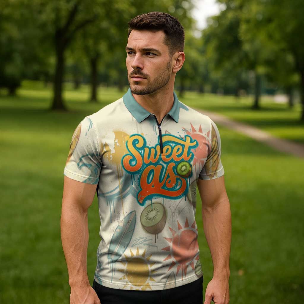 NZ Slang Sweet As Kiwi Shaka Sign Zipper Polo Shirt New Zealand Surfboards Sun and Tropical Beach Retro TS04 - Polynesian Pride