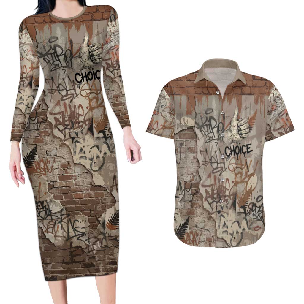 Choice Bro Graffiti Handshake Couples Matching Long Sleeve Bodycon Dress and Hawaiian Shirt New Zealand Slang Fern Brick Wall and Urban Street Art TS04 Multicolor - Polynesian Pride