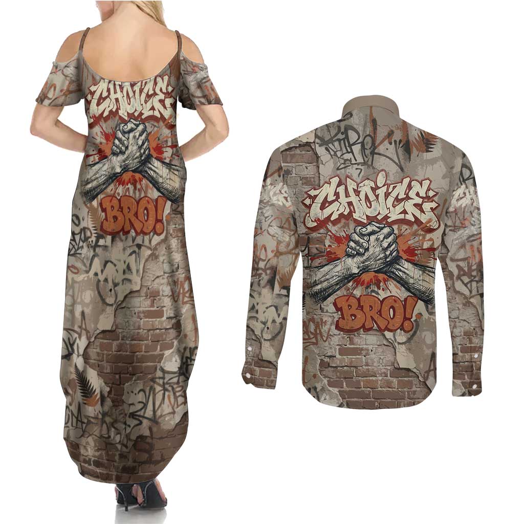 Choice Bro Graffiti Handshake Couples Matching Summer Maxi Dress and Long Sleeve Button Shirt New Zealand Slang Fern Brick Wall and Urban Street Art TS04 - Polynesian Pride