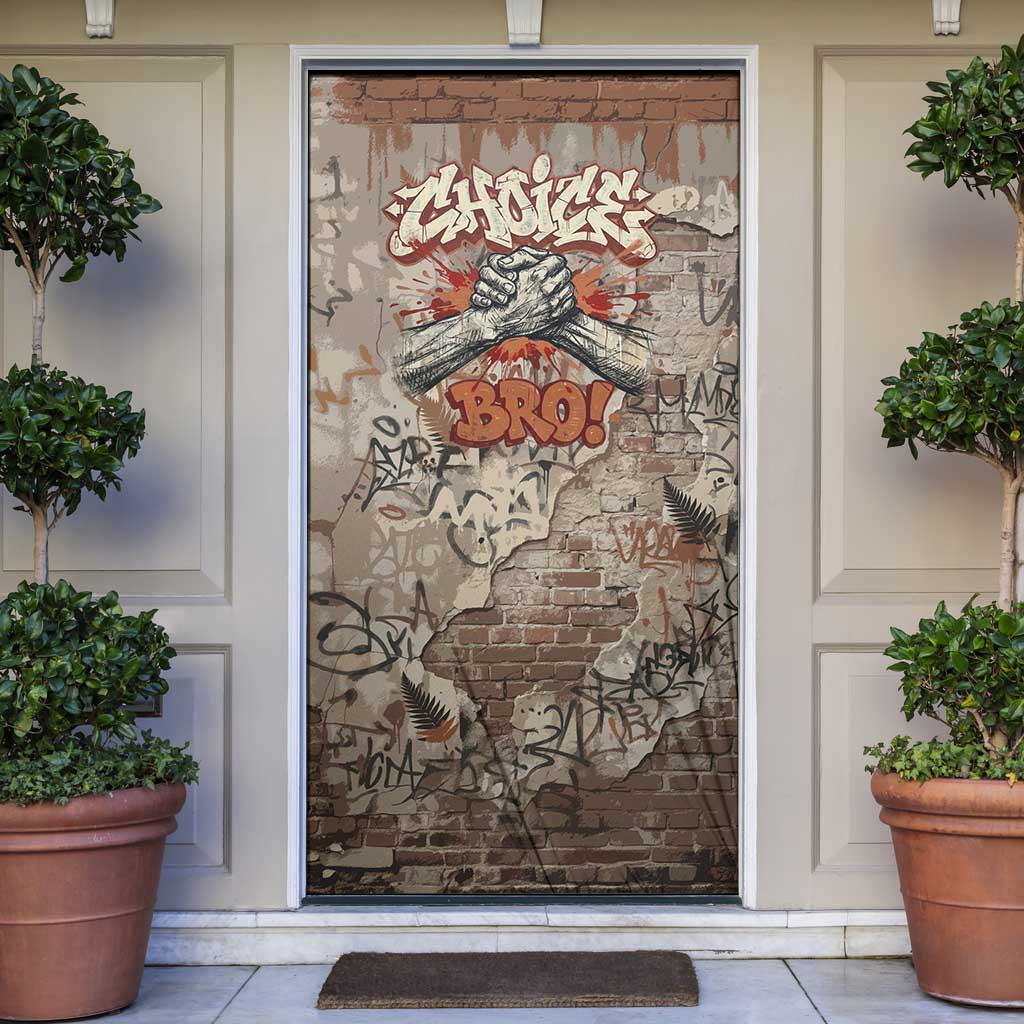 Choice Bro Graffiti Handshake Door Cover New Zealand Slang Fern Brick Wall and Urban Street Art TS04 Multicolor - Polynesian Pride