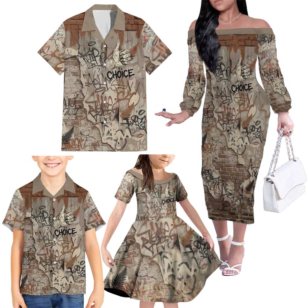 Choice Bro Graffiti Handshake Family Matching Off The Shoulder Long Sleeve Dress and Hawaiian Shirt New Zealand Slang Fern Brick Wall and Urban Street Art TS04 - Polynesian Pride