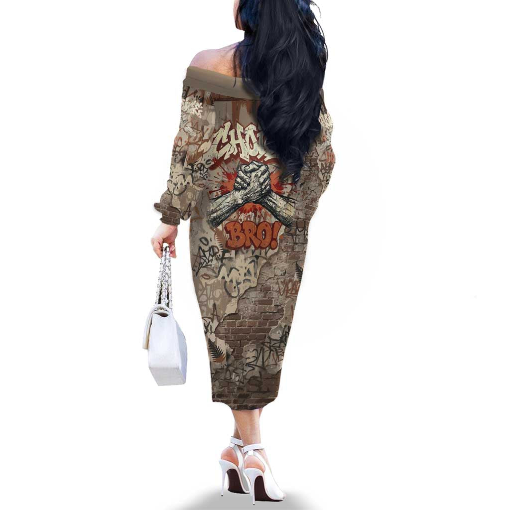 Choice Bro Graffiti Handshake Family Matching Off The Shoulder Long Sleeve Dress and Hawaiian Shirt New Zealand Slang Fern Brick Wall and Urban Street Art TS04 - Polynesian Pride