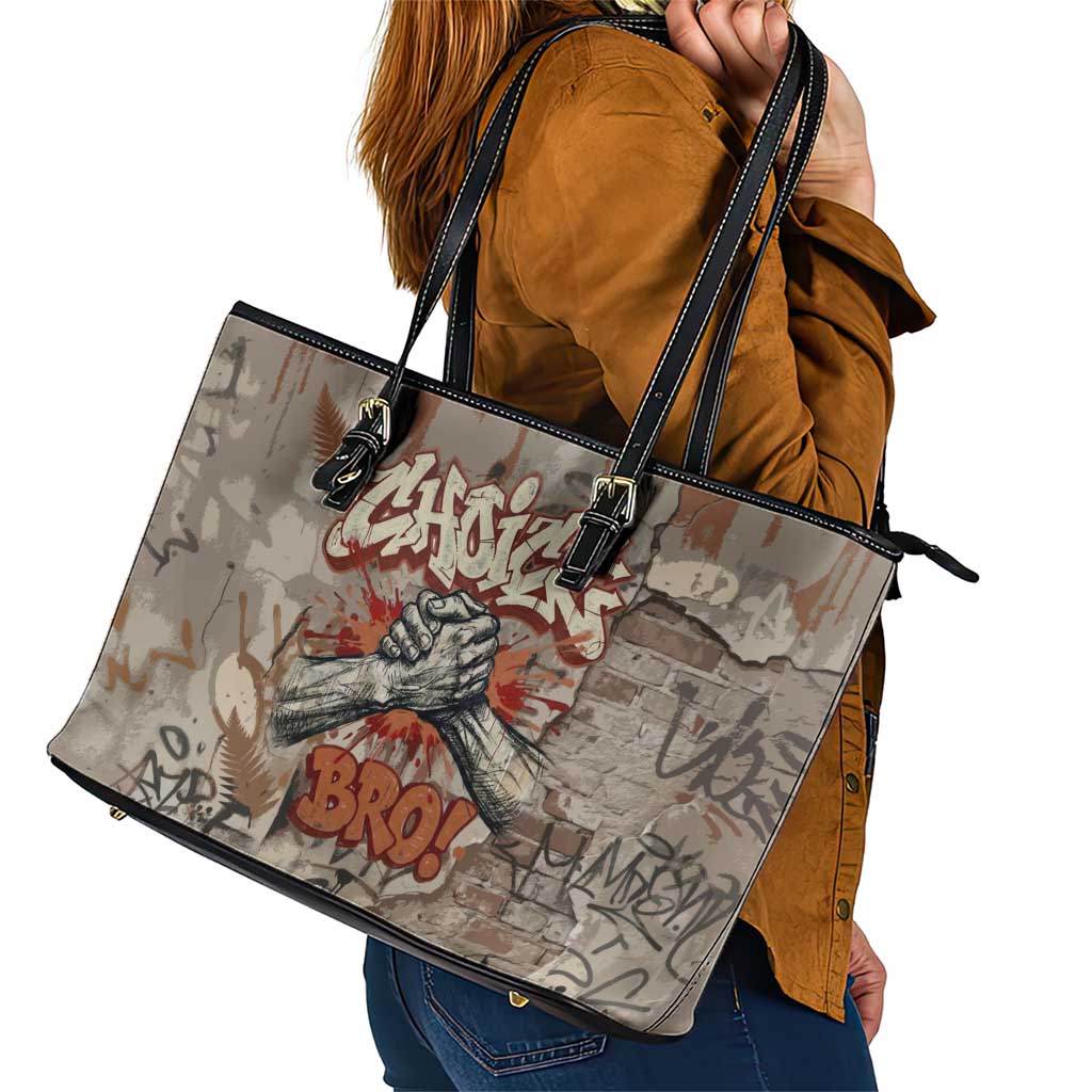 Choice Bro Graffiti Handshake Leather Tote Bag New Zealand Slang Fern Brick Wall and Urban Street Art