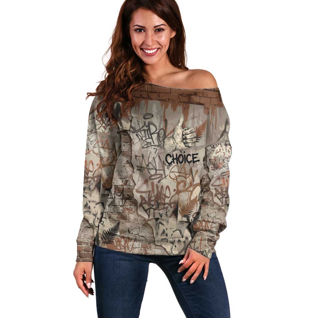 Choice Bro Graffiti Handshake Off Shoulder Sweater New Zealand Slang Fern Brick Wall and Urban Street Art