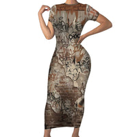 Choice Bro Graffiti Handshake Short Sleeve Bodycon Dress New Zealand Slang Fern Brick Wall and Urban Street Art TS04 Long Dress Multicolor - Polynesian Pride