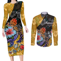 Hawaii Polynesian Couples Matching Long Sleeve Bodycon Dress and Long Sleeve Button Shirts Turtles and Hibiscus Flower Gradient Pattern TS04 Multicolor - Polynesian Pride