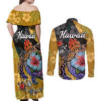 Hawaii Polynesian Couples Matching Off Shoulder Maxi Dress and Long Sleeve Button Shirts Turtles and Hibiscus Flower Gradient Pattern TS04 - Polynesian Pride