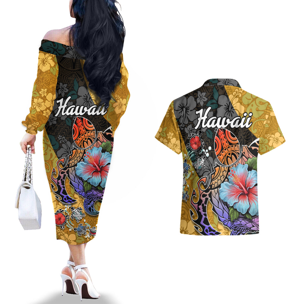 Hawaii Polynesian Couples Matching Off The Shoulder Long Sleeve Dress and Hawaiian Shirt Turtles and Hibiscus Flower Gradient Pattern TS04 - Polynesian Pride
