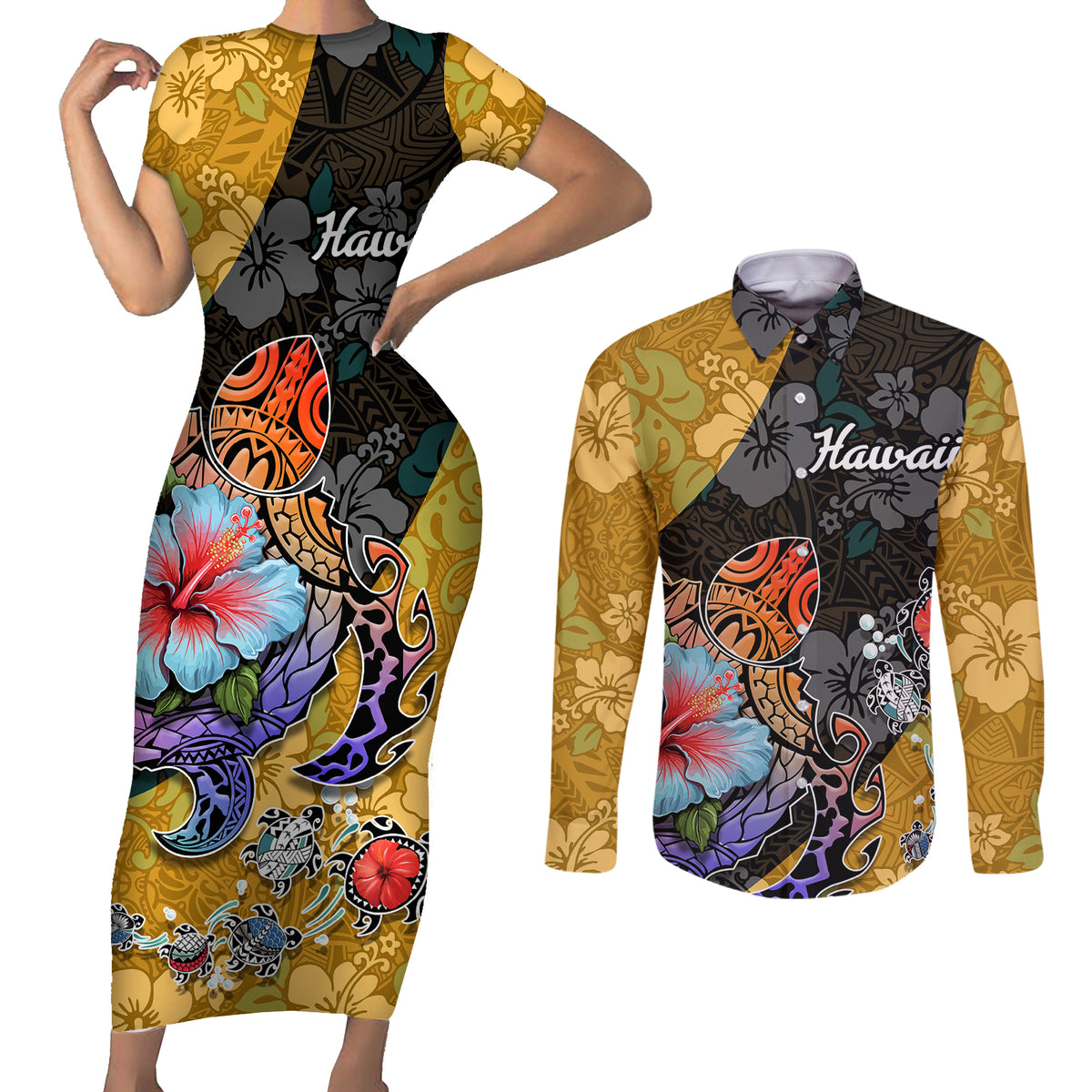 Hawaii Polynesian Couples Matching Short Sleeve Bodycon Dress and Long Sleeve Button Shirts Turtles and Hibiscus Flower Gradient Pattern TS04 Multicolor - Polynesian Pride
