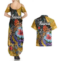Hawaii Polynesian Couples Matching Summer Maxi Dress and Hawaiian Shirt Turtles and Hibiscus Flower Gradient Pattern TS04 - Polynesian Pride