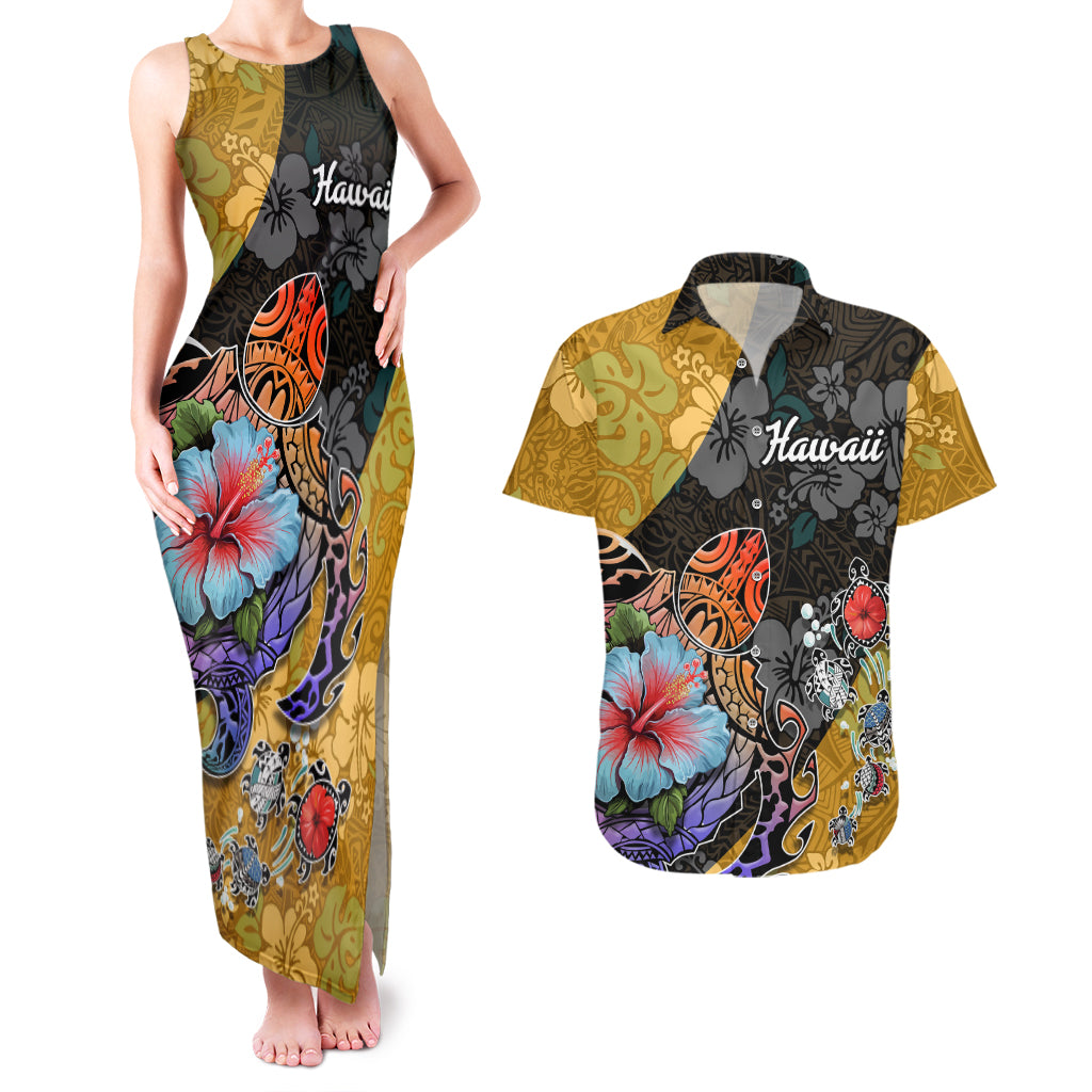 Hawaii Polynesian Couples Matching Tank Maxi Dress and Hawaiian Shirt Turtles and Hibiscus Flower Gradient Pattern TS04 Multicolor - Polynesian Pride
